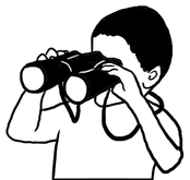 black and white illustration of a child looking through binoculars