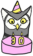 drawing of a gray owl wearing a pink and yellow birthday hat looking happily at a pink cake with candles shaped in the number 30.