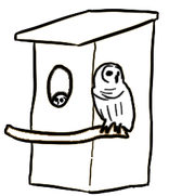 black and white illustration of an owl sitting on a nest box