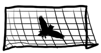 black and white illustration of an owl caught in a soccer net.