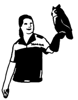 black and white illustration of an educator holding an owl