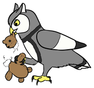 drawing of a gray owl ripping the head off a brown teddy bear.