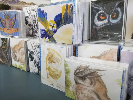 Sets of greeting cards with owl art on them.