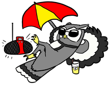drawing of an owl wearing sunglasses and relaxing with a glass of lemonade, umbrella, and boombox.