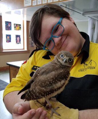 Jo Severson holding Ruby the great horned owl