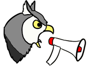 drawing of a gray owl yelling into a red and white megaphone.