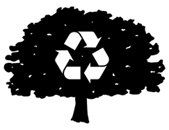 Black and white illustration of a tree with the recycling logo in its branches