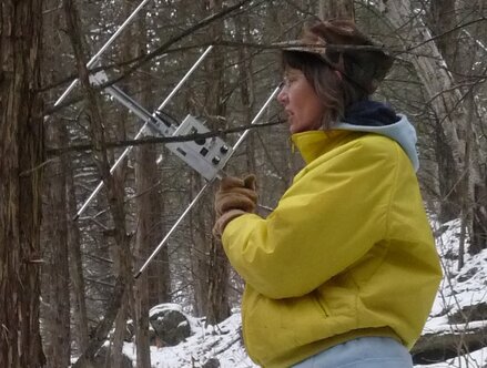 Photo of a woman wearing a yellow jacket and holding a radio telemetry receiver
