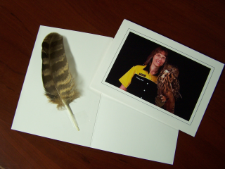 An Uhu card and one of her feathers